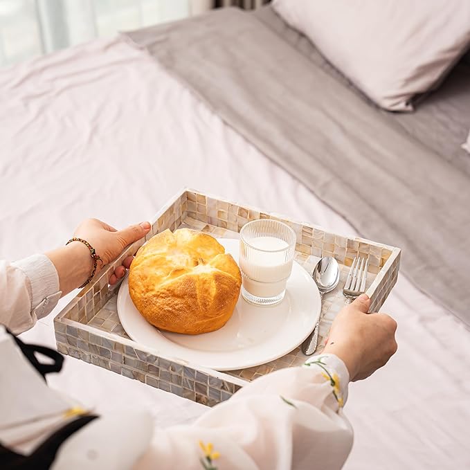 PEMAR 12.2" Square Serving Tray Mother of Pearl Nacre Wood Lap Ottoman Tray for Coffee Table, Luxury Decorative Handmade Eating Platters w Insert Handles (White Cream Squares Pattern)