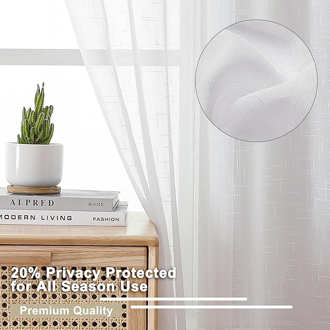 Aiyufeng White Sheer Curtains 72 inches Long 2 Panels, Fresh Textured Semi Sheer White Curtains Linen Breathable Elegant Door Curtains & Drapes for Farmhouse/Living Room/Kitchen, 40Wx72L inch