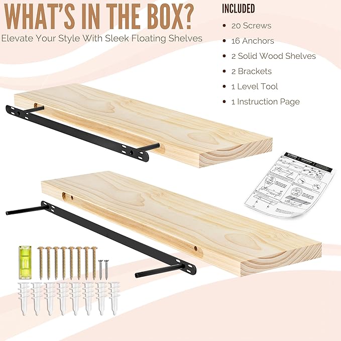 Sorbus Wood Floating Shelves for Wall - 35” Solid Wood Shelves for Bathroom Decor, Books, Bedroom & Living Room - Set of 2 Natural Wall Mounted Kitchen Shelves - Durable Solid Pine