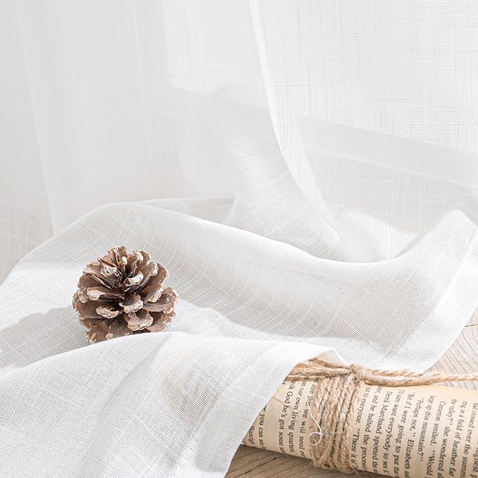 BGment White Linen Curtains 96 Inches Long for Living Room - Semi Sheer Light Filtering Drapes with Rod Pocket for Bedroom Floor Length Lightweight Rustic Window Treatments, 2 Panels Set, 52 X 96 Inch