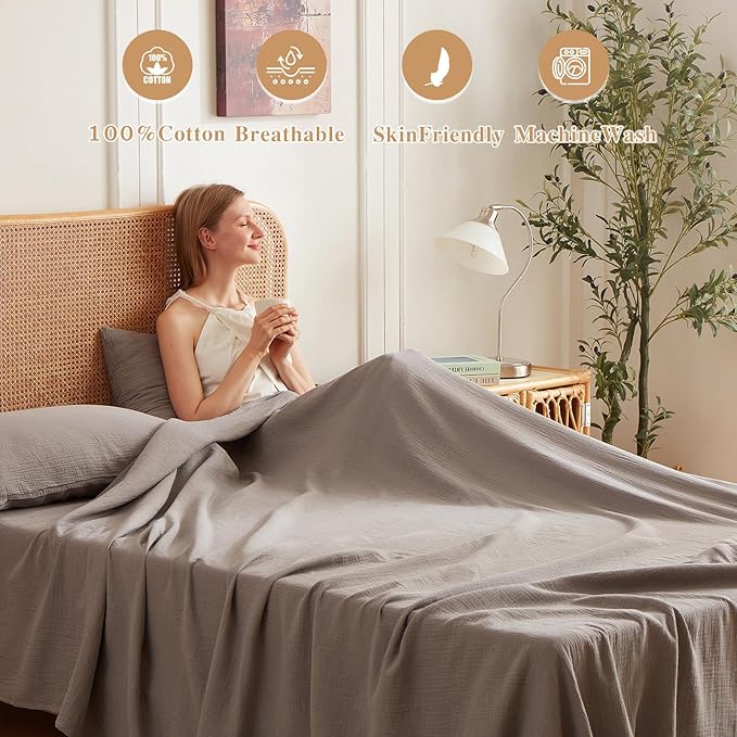 Twin Sheets Set 100% Cotton Bed Sheets 3 Pcs Gray Fall Linen Like Sheet 16" Deep Pocket Sheet & Pillowcase Sets Boho Muslin Soft Twin Bedding Sets for All Season Machine Wash
