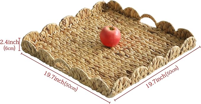Extra Large Square Ottoman Table Tray 19.7" with Handles - Water Hyacinth Wicker Serving Wicker Tray for Farmhouse Decorative Oversized Coffee Table Living Room Kitchen Counter Breakfast Scalloped