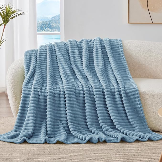BEDELITE Twin Blanket for Couch & Bed, 300GSM Soft & Warm Fleece Blanket, Decorative and Giftable Striped Light Blue Blankets for Women, Men, 60"x80"