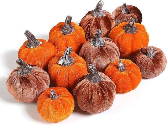 12pcs Velvet Fake Pumpkins Fall Decor Faux Small Foam Fabric Pumpkin for Autumn Table Centerpiece Party Farmhouse Harvest Thanksgiving (Orange/Desert Tan)