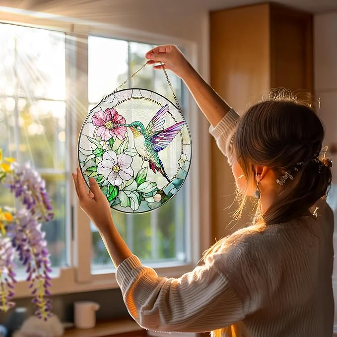 Hummingbird Suncatcher Stained Glass, Stain Glass Window Hanging, 8 Inch Stained Glass Decor, Bird Wall Art, Hummingbird Gifts, Gifts for Mom, Indoor Decor, Memory Sympathy Gift