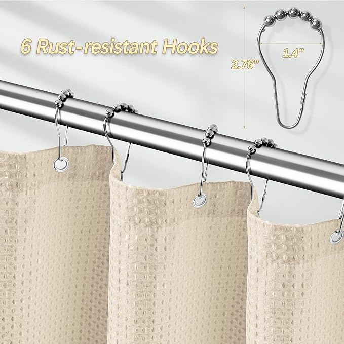 Beige Fabric Shower Curtain - Waffle Textured Heavy Duty Shower Curtains for Bathroom, 256GSM Hotel Spa Luxury Weighted Bath Curtain with 6 Hooks, 36x72, Beige
