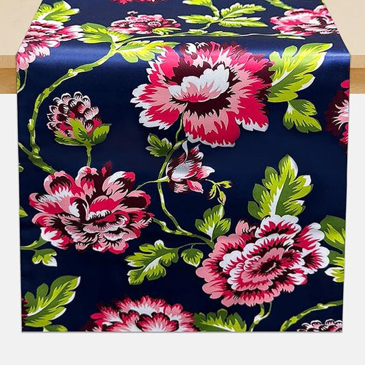 Decozen Table Runner - Japanese Print Floral Design Perfect for Kitchen Dining Room Home Decor Console Table Farmhouse - Navy Blue