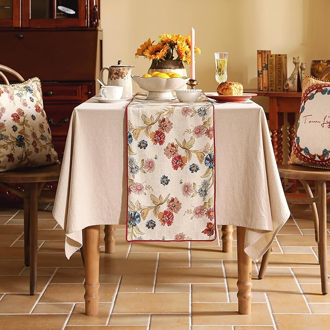 patdrea Designer Farmhouse Linen Thick Table Runner, Rustic Cottage Beige with Floral Pattern Fabric Table Mat, Decoration for Kitchen Dining Coffee Table Banquet Christmas , 12"*102"