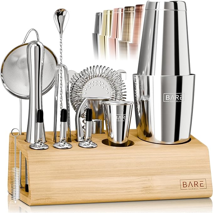 BARE BARREL® Mixology Bartender Kit Bar Set | 14-Piece Cocktail Shaker Set | Martini Barware Mixing Tools for Home Bartending | Incl. 35 Recipe Cards | Gift Set (28oz Boston Shaker, Silver/Natural)