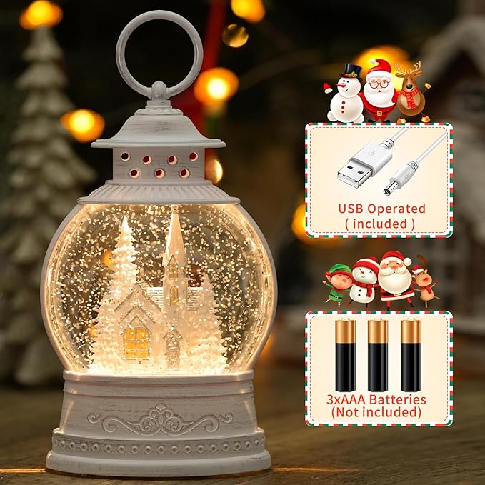 Christmas Church Snow Globe, Musical Snow Globe Lantern with Swirling Glitter, White Christmas Tree Churches, USB & Battery Operated Light-Up Christmas Decorations Indoor for Home
