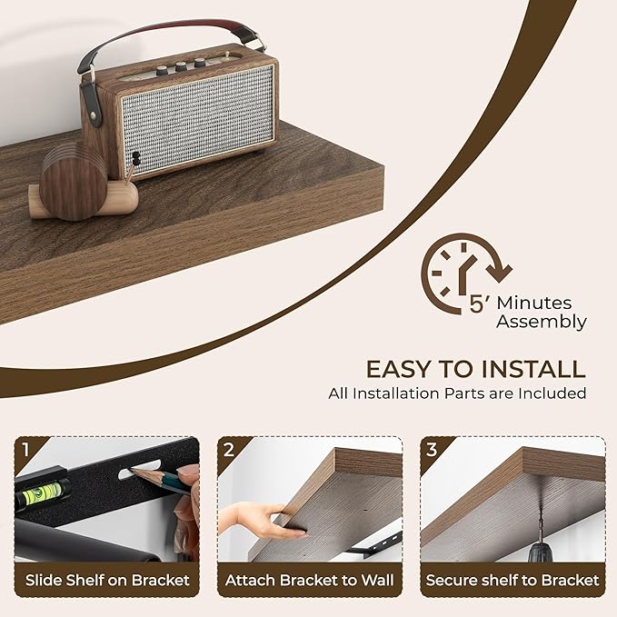 RICHFOCUS 55Inch Floating Shelves for Wall 1 Pack Shelves for Bedroom|Kitchen|Bathroom Wall Mounted Rustic Wood Floating Shelf with Invisible Brackets for Books|Storage|Decor, Walnut