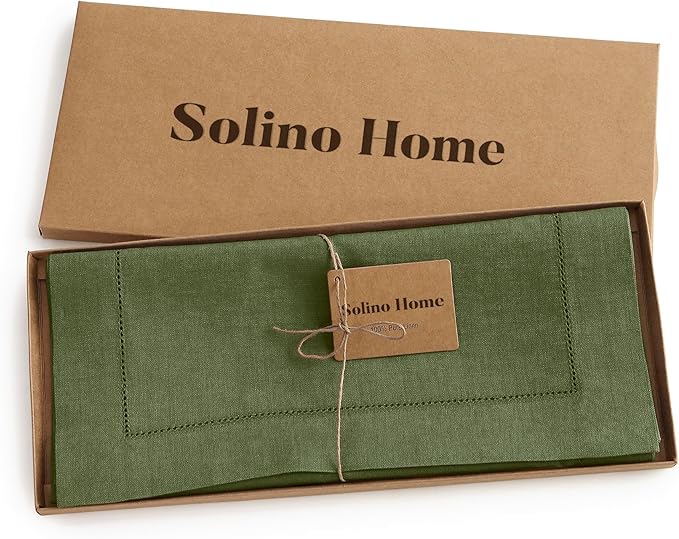 Solino Home Linen Olive Table Runner 72 Inches Long - 100% Pure Linen Hemstitch Table Runner 14 x 72 Inch for Dresser, Dining, Fall, Autumn, Thanksgiving - Classic Hemstitch