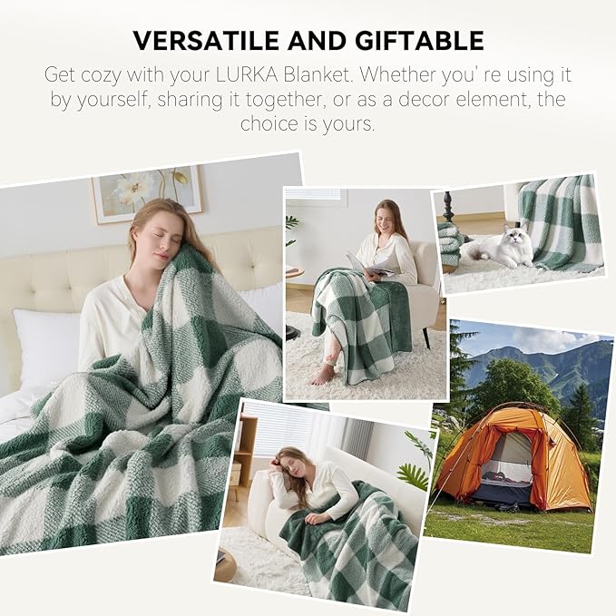 LURKA Checkered Sherpa Fleece Twin-Size Bed Blanket - Extra Thick and Warm Winter Soft Fuzzy Plush Blanket for Couches, Beds & Pets, Sage, 60x80 Inches