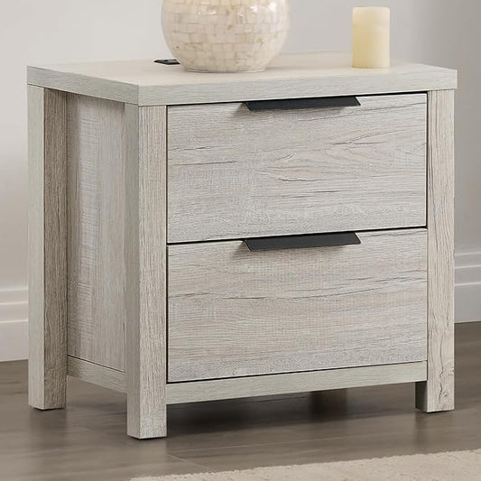 21" Farmhouse Nightstand with Charging Station 2 Drawers Large End Table with Metal Handle Rustic Low Night Stand Wood Dresser for Living Room Bedroom Closet,Grayish White