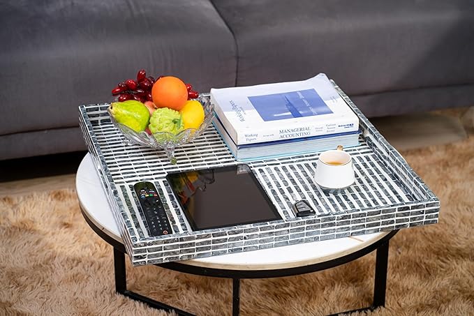 PEMAR Mother of Pearl 23.6" Square Extra Large Ottoman Tray with Insert Handles, Oversized Decorative Luxury Wooden Serving Tray for Food, Coffee Table, Breakfast in Bed (Dark Grey - White)