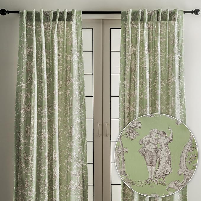 Maison d' Hermine Curtains for Living Room 100% Cotton 124 inch Length Two Panels Light Filtering Toile Curtains for Bedroom Windows with Rod and Loop Pockets Drapes (Joli Jouy Green, 50" W x 124" L)