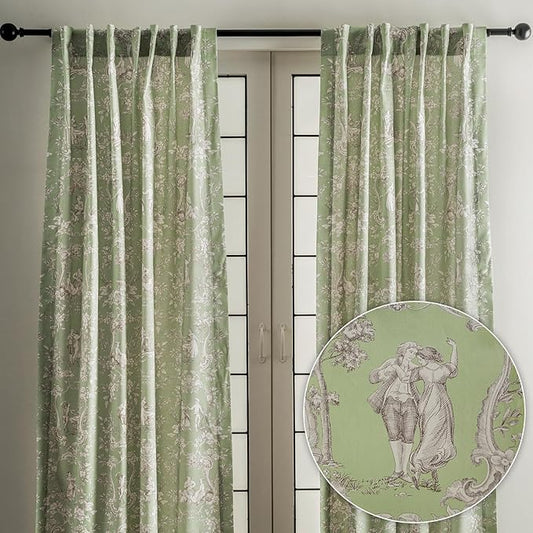 Maison d' Hermine Curtains for Living Room 100% Cotton 124 inch Length Two Panels Light Filtering Toile Curtains for Bedroom Windows with Rod and Loop Pockets Drapes (Joli Jouy Green, 50" W x 124" L)