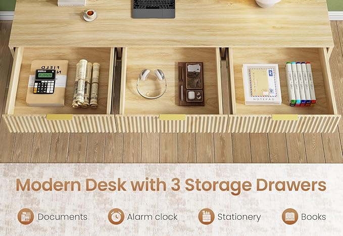 SEDETA 55" Executive Office Desk with 3 Drawers, Home Office Desk with Storage Drawers, Computer Writing Desk Study Table, Natural Oak