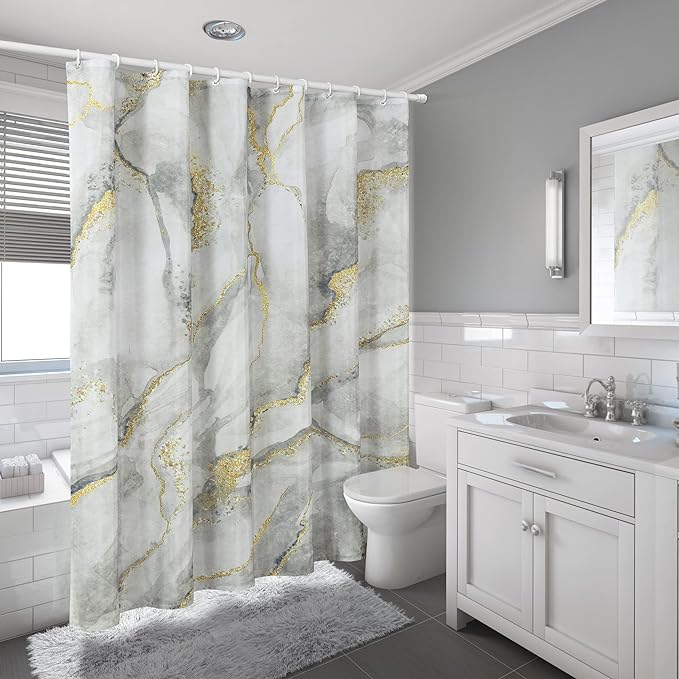 Marble Shower Curtain, Grey Marble Shower Curtain Set with 12 Hooks, Abstract Luxury Gray White Marble with Gold Veins Texture Shower Curtains for Bathroom, Waterproof Fabric, 72" W X 72" L