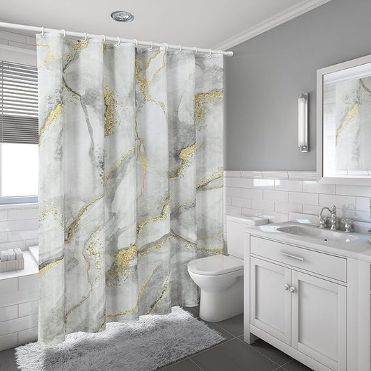 Marble Shower Curtain, Grey Marble Shower Curtain Set with 12 Hooks, Abstract Luxury Gray White Marble with Gold Veins Texture Shower Curtains for Bathroom, Waterproof Fabric, 72" W X 72" L