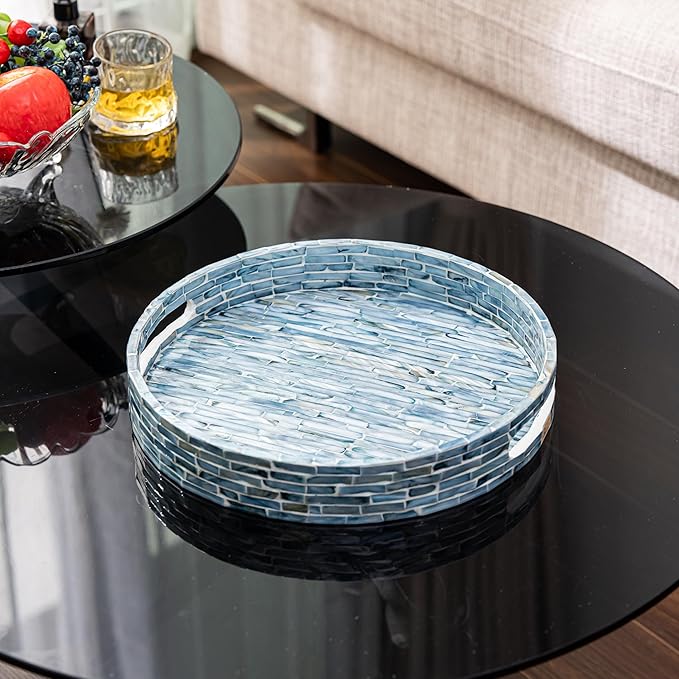 PEMAR 12.6” Mother of Pearls Lacquer Inlaid Round Serving Tray with Handles, Round Decorative Nacred Wooden Ottoman Coffee Table Tray (Blue Tiles)