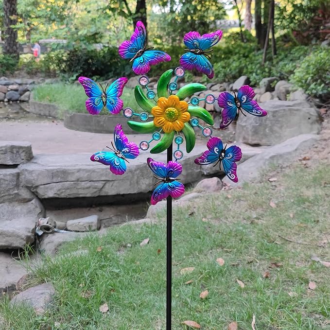 39" Butterfly Wind Spinner for Yard and Garden Stake,Outdoor Metal Windmill,Single Direction Wind Sculptures, Kinetic Windmills for Garden Decorations.