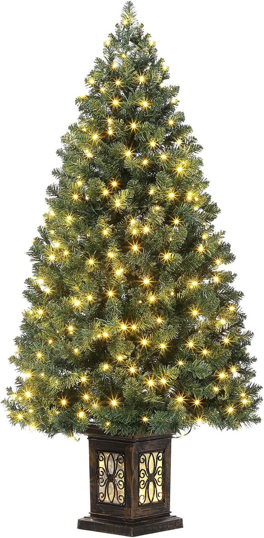 4.5 Ft Artificial Fiber Optic Christmas Tree, Pre-Lit Artificial Potted Xmas Tree with 300 Led Lights, 8 Lighting Modes, Includes Antique Urn Base, 1 PCS