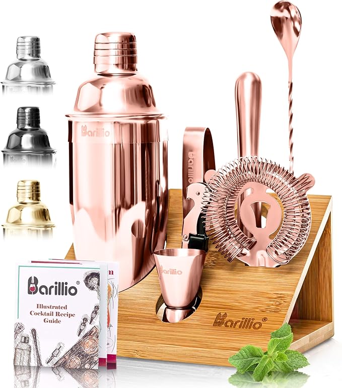 Barillio Rose Gold Bartender Kit - Stainless-Steel Cocktail Shaker Set w/Bamboo Stand - Mixology Bar Tools w/Shaker, Drink Mixer Spoon & Muddler for Cocktails - Home Bar Accessories - 10-Pc Bar Set