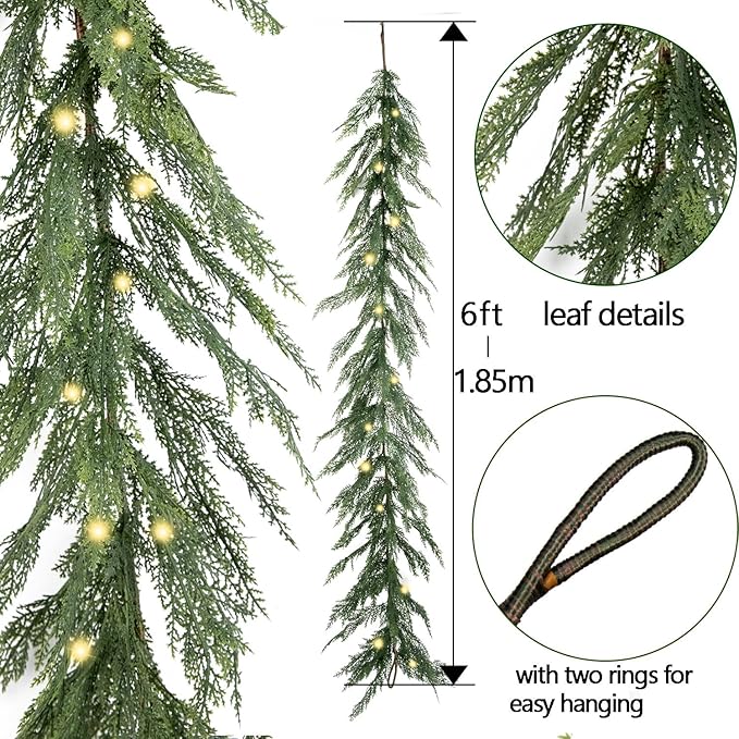 6ft Handmade Christmas Garland,Cedar Artificial Greenery with LED String Lights,Seasonal Garland for Fireplace Indoor Outdoor Winter Holiday Decoration
