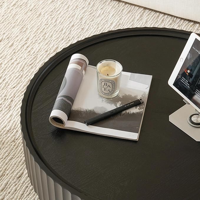 Round Coffee Table, Modern Living Room Tables with Mushroom Shape and Grooved Design, Large Coffee Tables, Circle Pinewood Center Table for Living Room, Apartment (Black, 31.8''L×13.7''H)