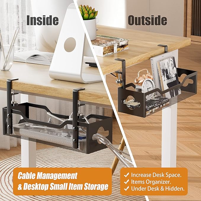 Under Desk Cable Management Tray 13.38", Quszmd Cable Organizer No Drill, Standing Cord Organizer and Wire Management Tray - No Damage to Desk, Black