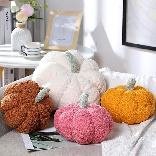 Kajaia 4 Pcs Fall Decor Pumpkin Throw Pillow Fall Pillow 11 Inches 7 Inches 3D Cushion Thanksgiving Sherpa Plush Fluffy Stuffed for Autumn Halloween Christmas Home Sofa(White, Yellow, Red, Brown)