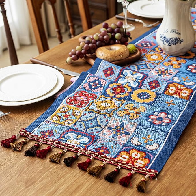 13×72 Inch Table Runner, Retro-Luxury Tassels Series for Kitchen Dining Table Holiday Decoration (Ethnic Blue)