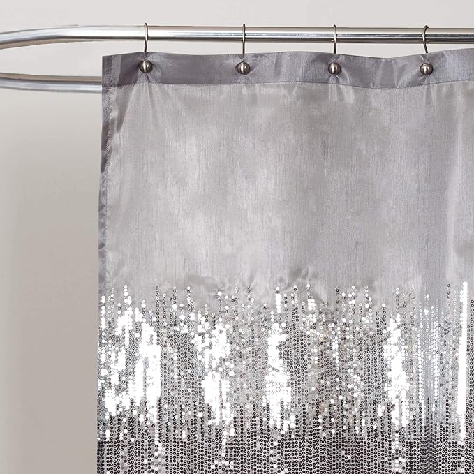 Lush Decor Night Sky Shower Curtain, Single, 72" W x 72" L, Black & Gray - Sequin Shower Curtain - Sparkly Color Block Bath Curtain - Modern Glam Bathroom Decor