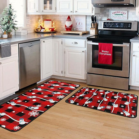 Buffalo Plaid Christmas Kitchen Rugs and Mats Set of 2, Christmas Snowman Winter New Year Holiday Party Low-Profile Floor Mat Merry Christmas Decorations for Kitchen Home- 17"x47"+17"x30"