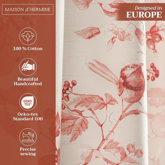 Maison d' Hermine Curtains for Living Room 100% Cotton 96 inch Length One Panel Light Filtering Curtains for Bedroom Windows with Rod and Loop Pockets Drapes (Equinoxe Terracotta, 50" W x 96" L)