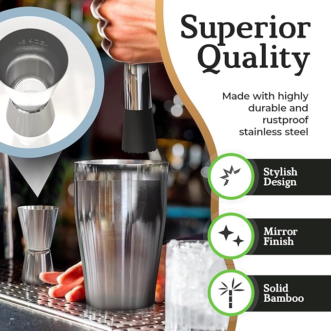 Highball & Chaser Cocktail Shaker Set: Bartender Kit for Home Bar Mixology Cocktail Bar Set Plus E-Book with 30 Recipes (Silver)