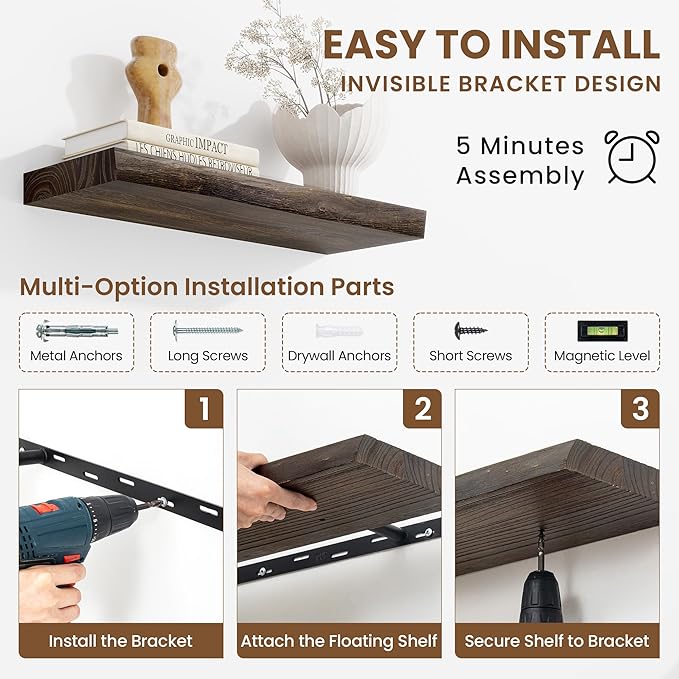 Floating Shelves, 8" Deep Rustic Solid Wood Wall Mounted Floating Shelves, Wall Shelves with Invisible Bracket for Living Room Bathroom Bedroom Kitchen, 72 Inch, Walnut