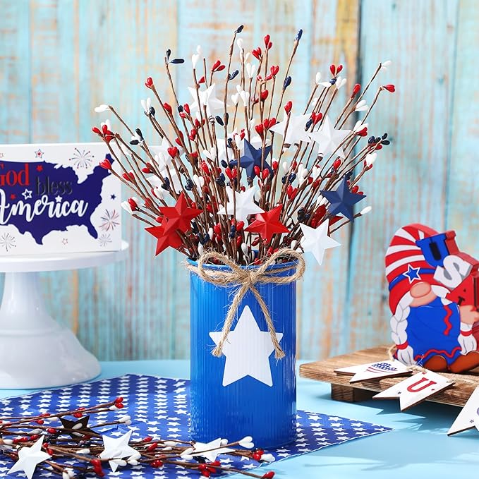 4th of July Table Centerpiece Decoration Patriotic Artificial Flower Stems Star Shaped Berry Picks with Metal Vase Pot for Independence Day Memorial Day Office Home(Blue and White)