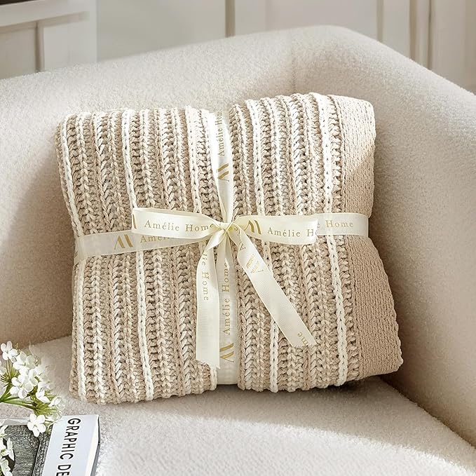 Amélie Home Striped Knit Throw Blanket for Couch, Dual-Sided Soft Chenille Decorative Blankets for Sofa & Chair, 50"x60", Khaki & White