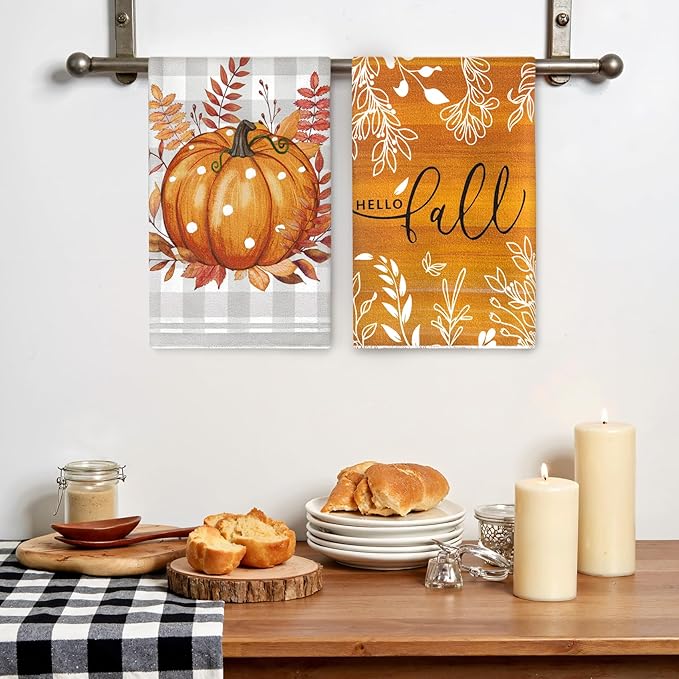 Amandir Fall Kitchen Dish Towels Orange Buffalo Plaid Polka Dot Leaves Hello Pumpkin Fall Hand Towels, 18x26 Inch Farmhouse Home Decor Tea Bathroom Autumn Thanksgiving Decorations Set of 4