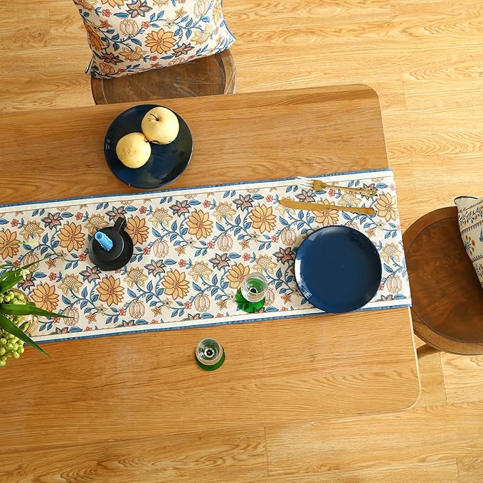 ISAENNE Designer Bohemian Elegant Linen Table Runner 87 Inches Long,Floral Pattern Duable Decor Table Runners for Dining Tables,Thanksgiving,Kitchen Tables,Christmas,12"*87"-Estevan B