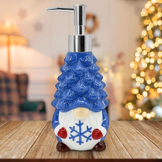 Hexagram Christmas Soap Dispenser, Christmas Kitchen Bathroom Decor, Xmas Blue Gnome Ceramic Soap Dispenser for Home Indoor Decorations, Xmas Refillable Lotion Essential Oil Dispensers with Pump