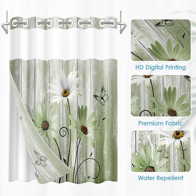 No Hook Daisy and Butterfly Shower Curtain with Snap in Fabric Liner Set, Green Rustic Farmhouse Double Layers Waterproof Fabric with See Through Top Window Open Grommet Bath Curtain 71x74 Inch