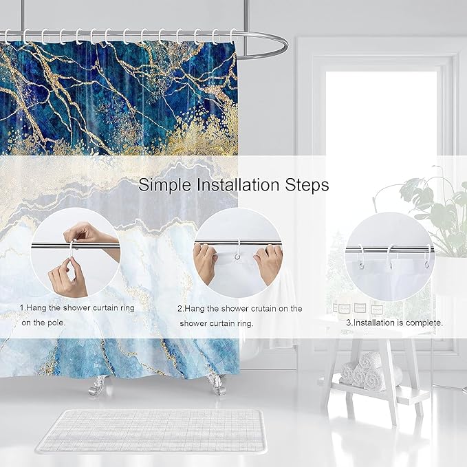 Marble Shower Curtain, Blue Marble Shower Curtain Set, Abstract Luxury Blue Golden Glitter Veins Texture Marble Shower Curtains for Bathroom, Waterproof Fabric, 72 x 78 inches