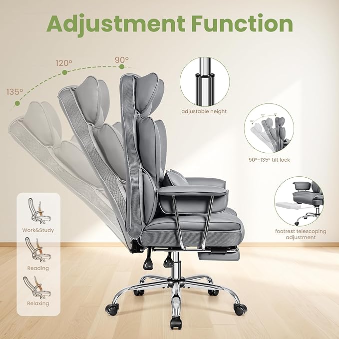 Office Desk Chair, Big and Tall Executive Office Chairs with Footrest, Large Leather Computer Gaming Chair for Adult, Ergonomic Reclining Chair High Back with Lumbar Support, Gray