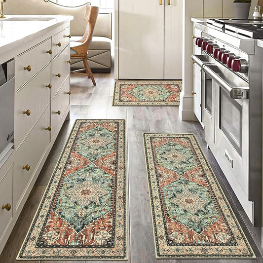 Yamaziot Boho Washable Kitchen Rugs Sets of 3, Non Slip Kitchen Mats for Floor with Rubber Backing, Waterproof & Stain Resistant Thick Carpet Runner Throw Rug for Kitchen, Laundry Room, Hallway
