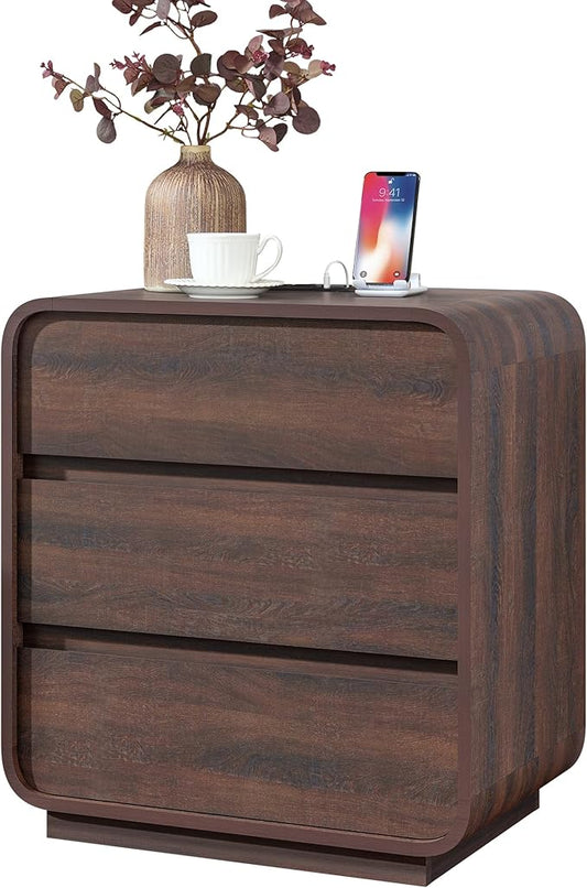 Modern Walnut Nightstand, 25" Tall Wooden Bedside Table with Charging Station, 3 Drawers Dresser Side Table Curved Profile, Handleless, Large End Table Night Stand for Bedroom, Office