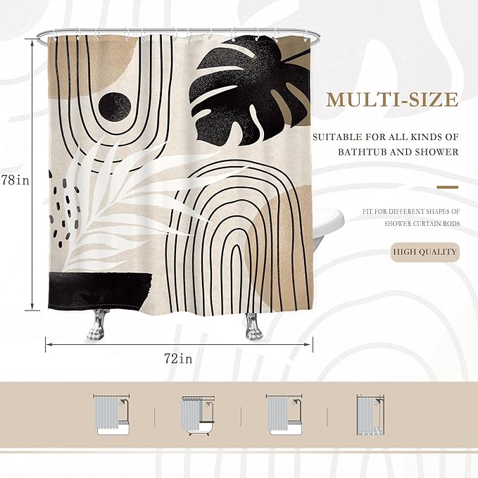 Glawry Boho Mid Century Shower Curtain Abstract Plant Tropical Palm Leaf Modern Geometric Minimalist Bathroom Black Beige Brown 72Wx78L Inches Bath Accessories Art Home Decor Fabric 12 Pack Hook