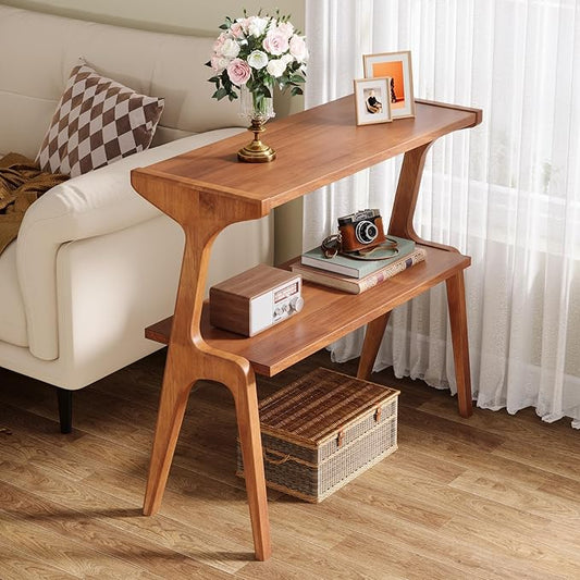 Tribesigns Narrow Side Table, 2-Tier Solid Wood End Table with Storage, Modern Tall Couch Side Table for Living Room, Slim Bedside Table for Bedroom, Small Spaces, Walnut